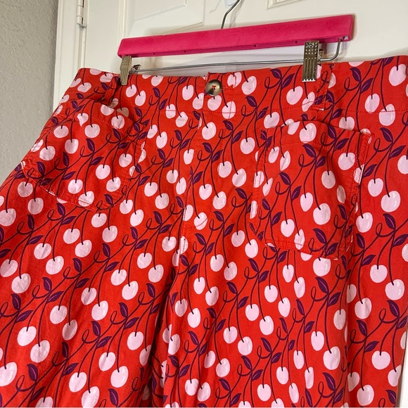 Anthro Maeve Red Pink Cherry Print The Colette High Rise Wide Leg Pant Sz 18W - Picture 3 of 10